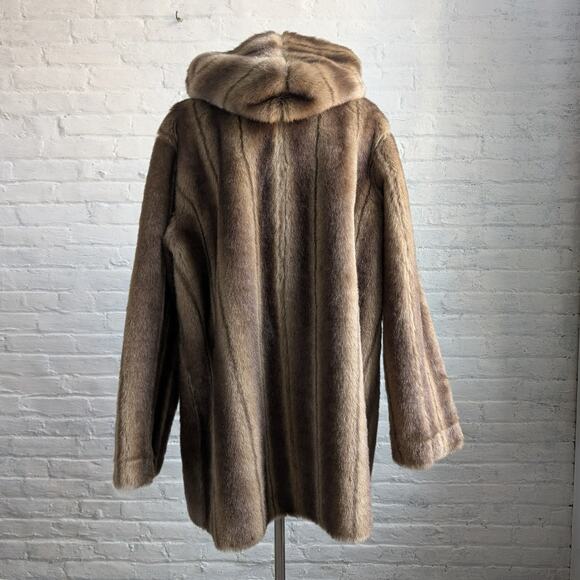 Vintage Brown Faux Fur Coat Vegan Suede Reversible Plush Cozy Trench Jacket - Picture 5 of 11
